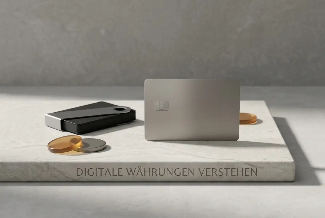 Bankkarte neben einem neutralen Hardware-Wallet und Münzformen auf hellem Tisch