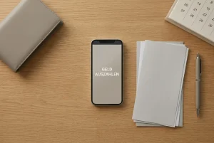 Kalender, neutrale Bankunterlagen und Smartphone mit einer abstrakten Statusanzeige auf einem Tisch.