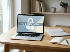Laptop auf einem Schreibtisch mit abstraktem Schlosssymbol auf dem Bildschirm und geschlossener Dokumentenmappe.