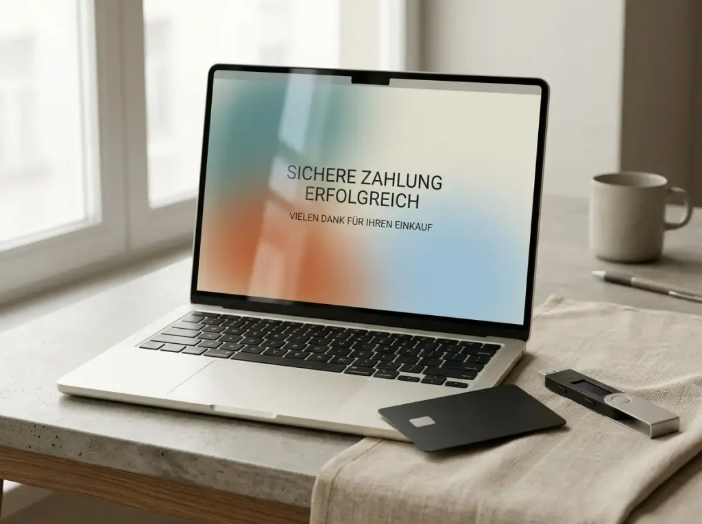 Laptop mit abstraktem Wallet-Symbol neben einer schlichten Bankkarte auf einem Tisch.