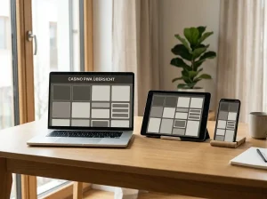 Smartphone, Tablet und Laptop mit schlichten neutralen Bildschirmflächen auf einem hellen Tisch.
