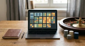 Laptop mit abstrakten Spielkacheln neben einem Roulettekessel und schlichten Spielsteinen.